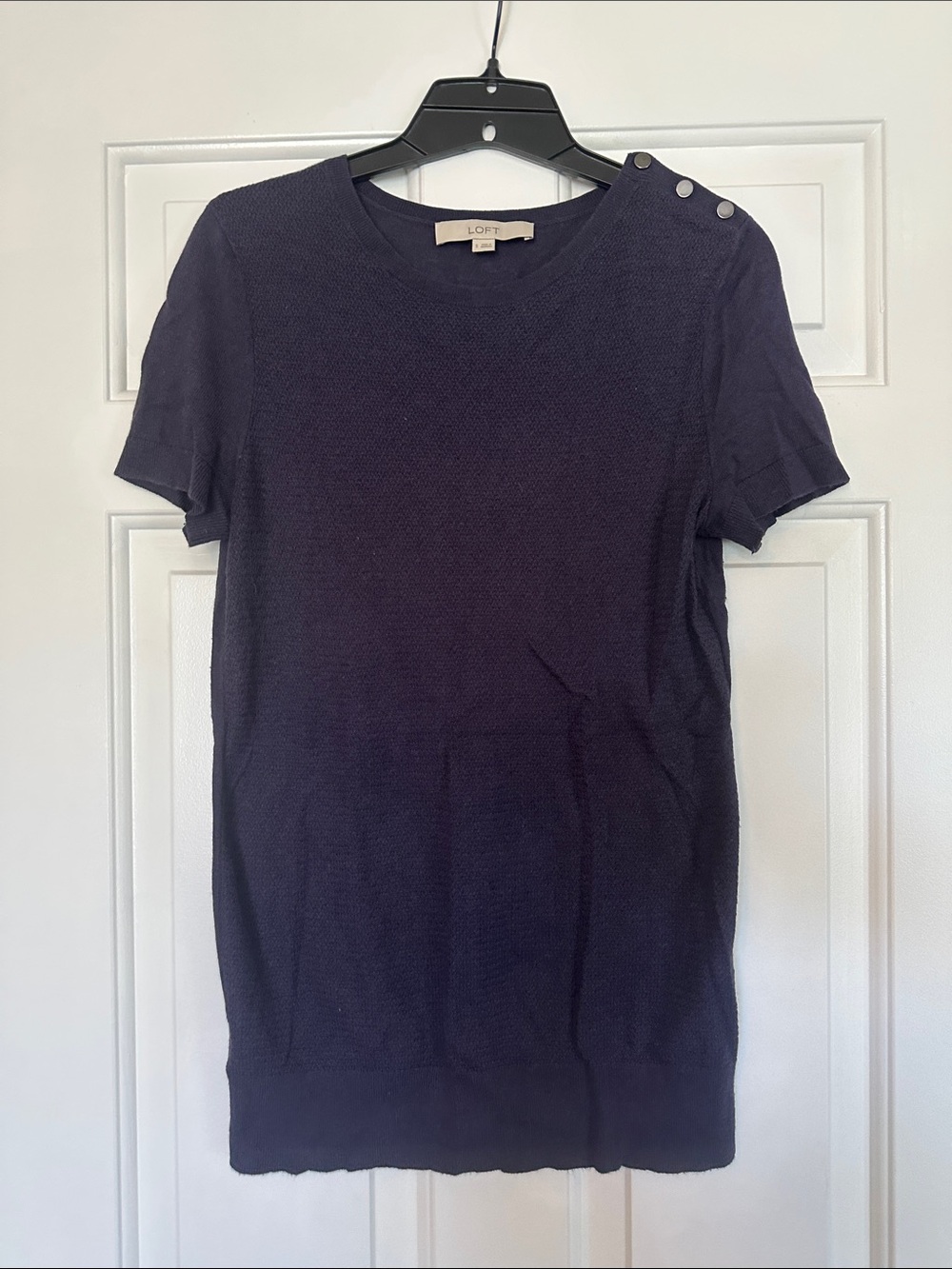LOFT Navy Short-Sleeve Knit Top with Shoulder Buttons